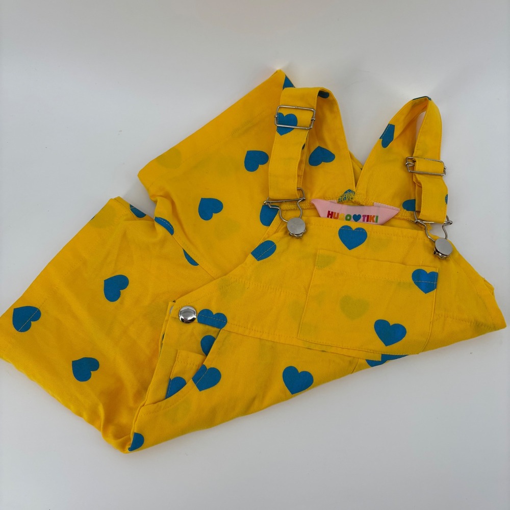 Hugo Loves Tiki Kids Shortall Overalls 1T Yellow Blue Heart Print Scandi Style